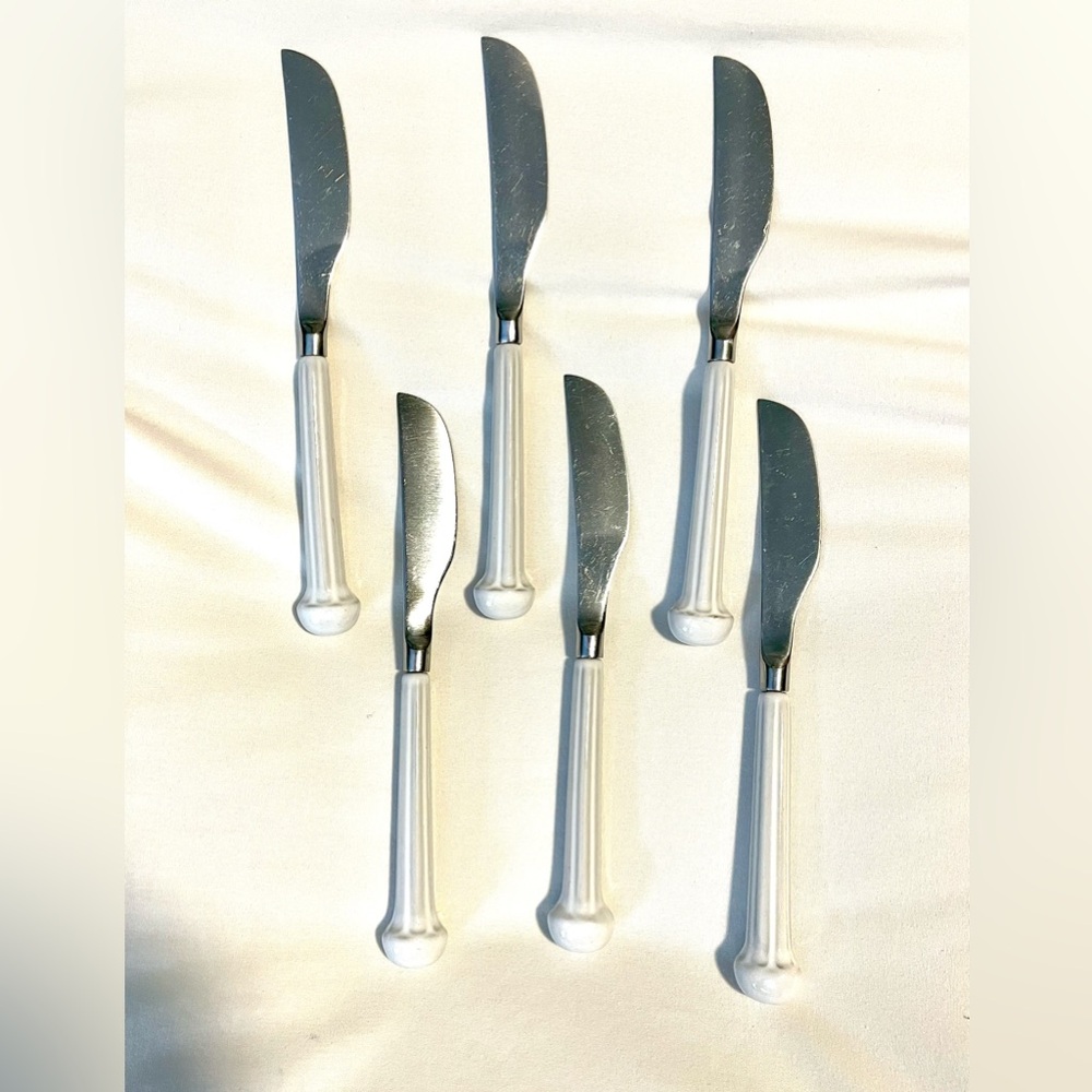 *VNTG* DENBY ENGLAND Regency Blue Stainless-6 Butter Knives-White Ceramic Handle